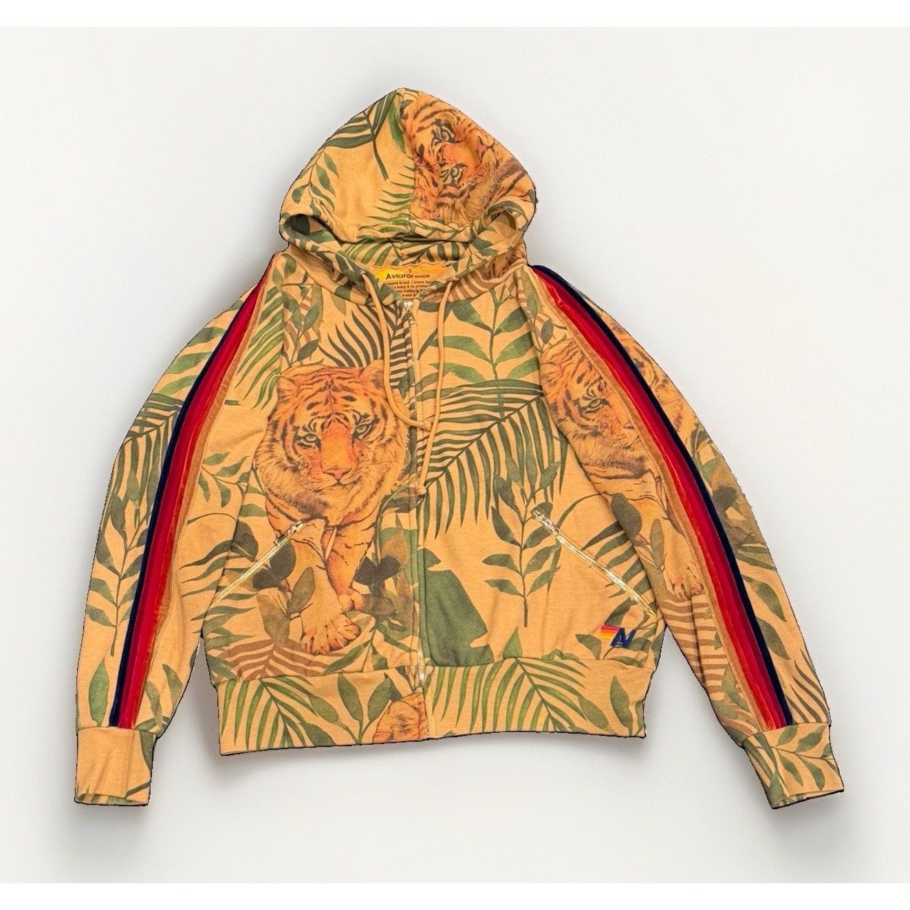 Rare Aviator Nation Tiger Jungle Classic Full Zip Hoodie Gold Tan Size Small